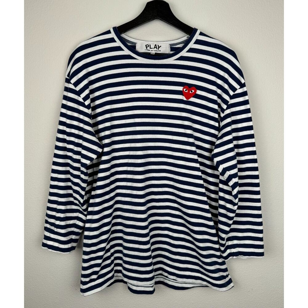 Comme des Garcons Play Top Womens Size XXL Blue White 3/4 Sleeve Striped Casual